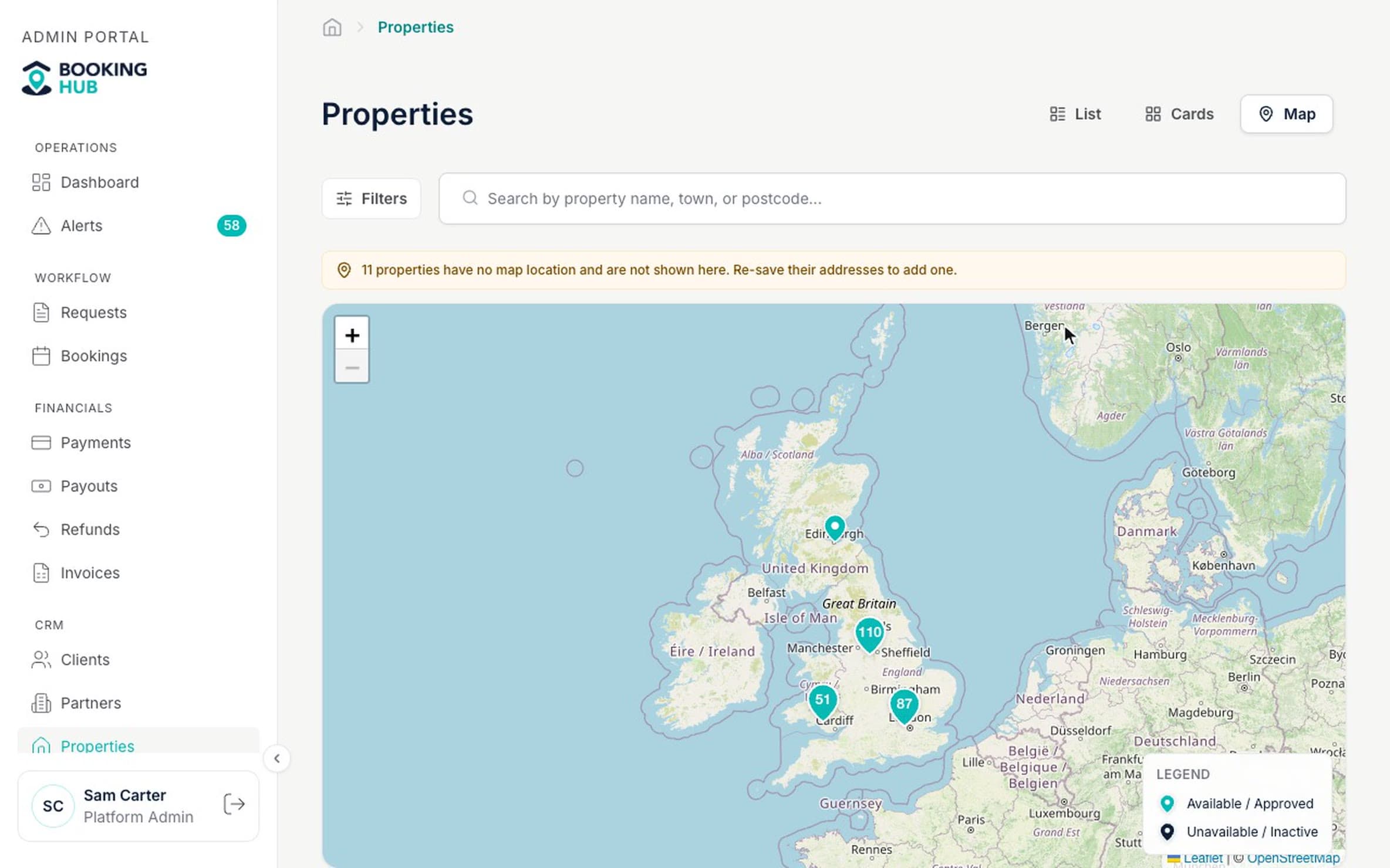 Booking Hub admin portal: property listings on a UK map, then as cards showing partner, area, beds, guests, VAT and approval status.