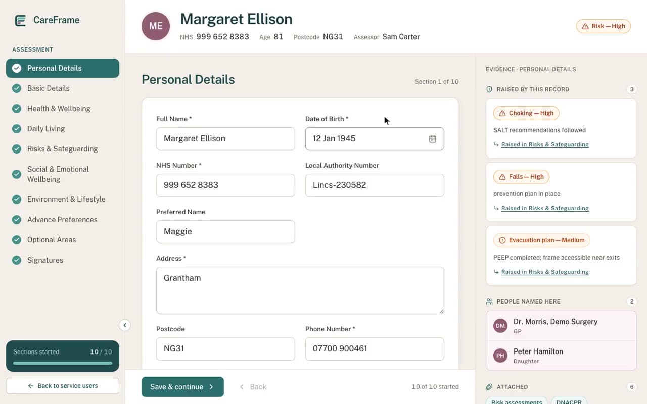 CareFrame assessment for a test service user: the ten sections in a rail, the current section's fields, and an evidence panel listing the risks the record raises, the people named in it and the documents attached.