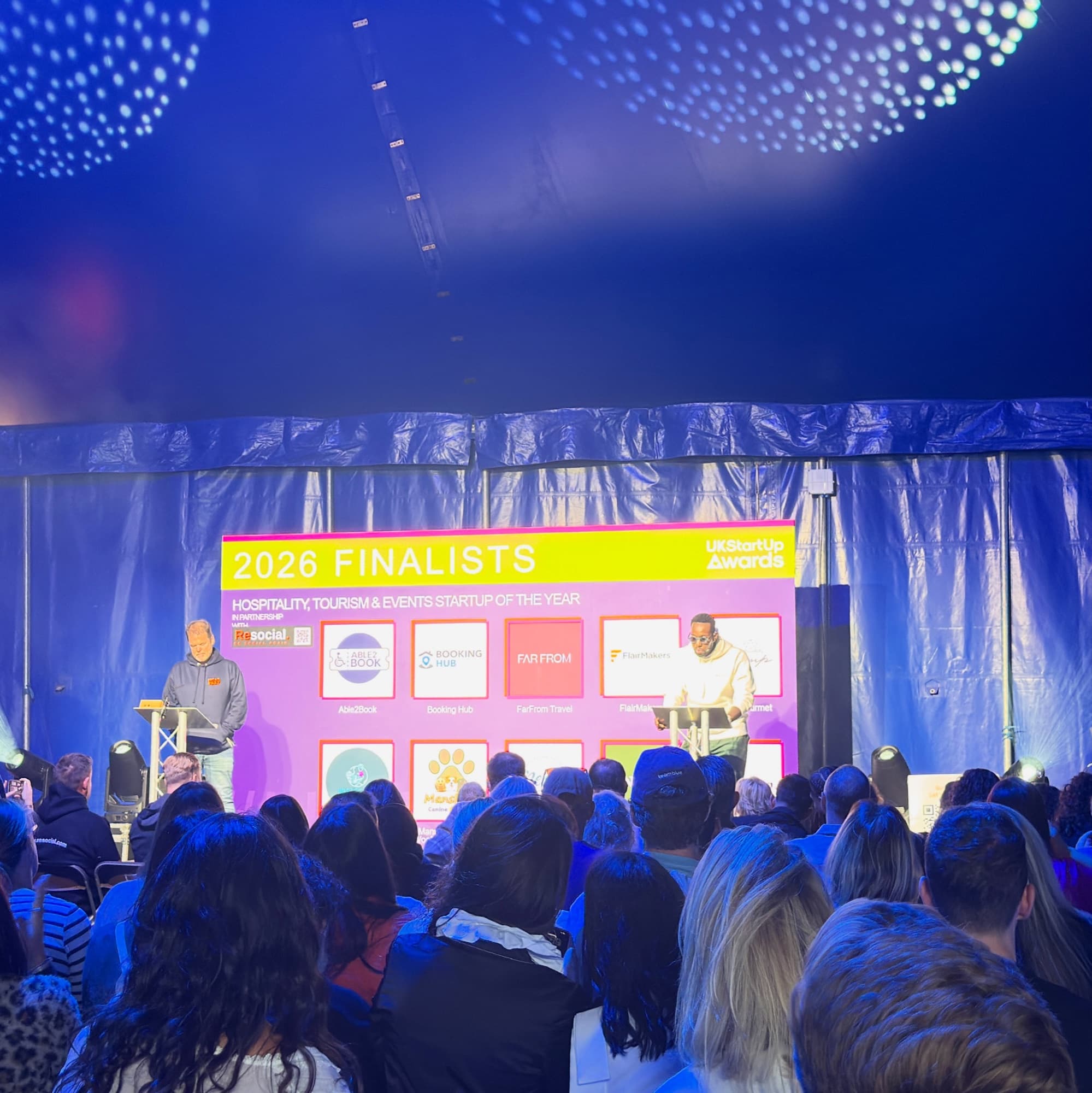 The 2026 national finalists for Hospitality, Tourism & Events Startup of the Year on stage at the UK StartUp Awards, including Booking Hub.
