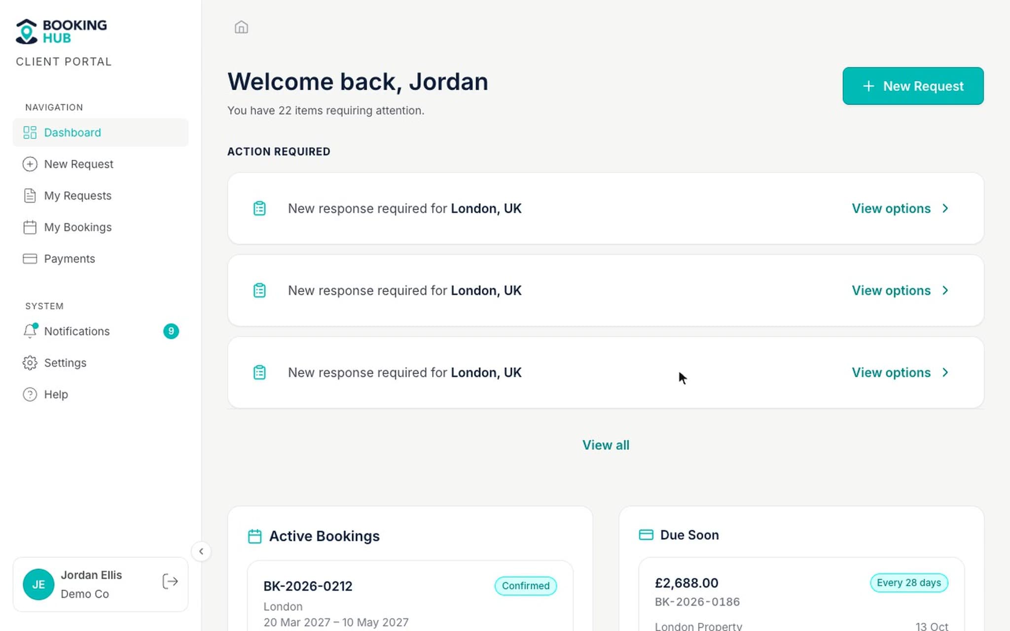 Booking Hub client portal: a client submits a booking request for four guests in London, then selects a property from their shortlist.