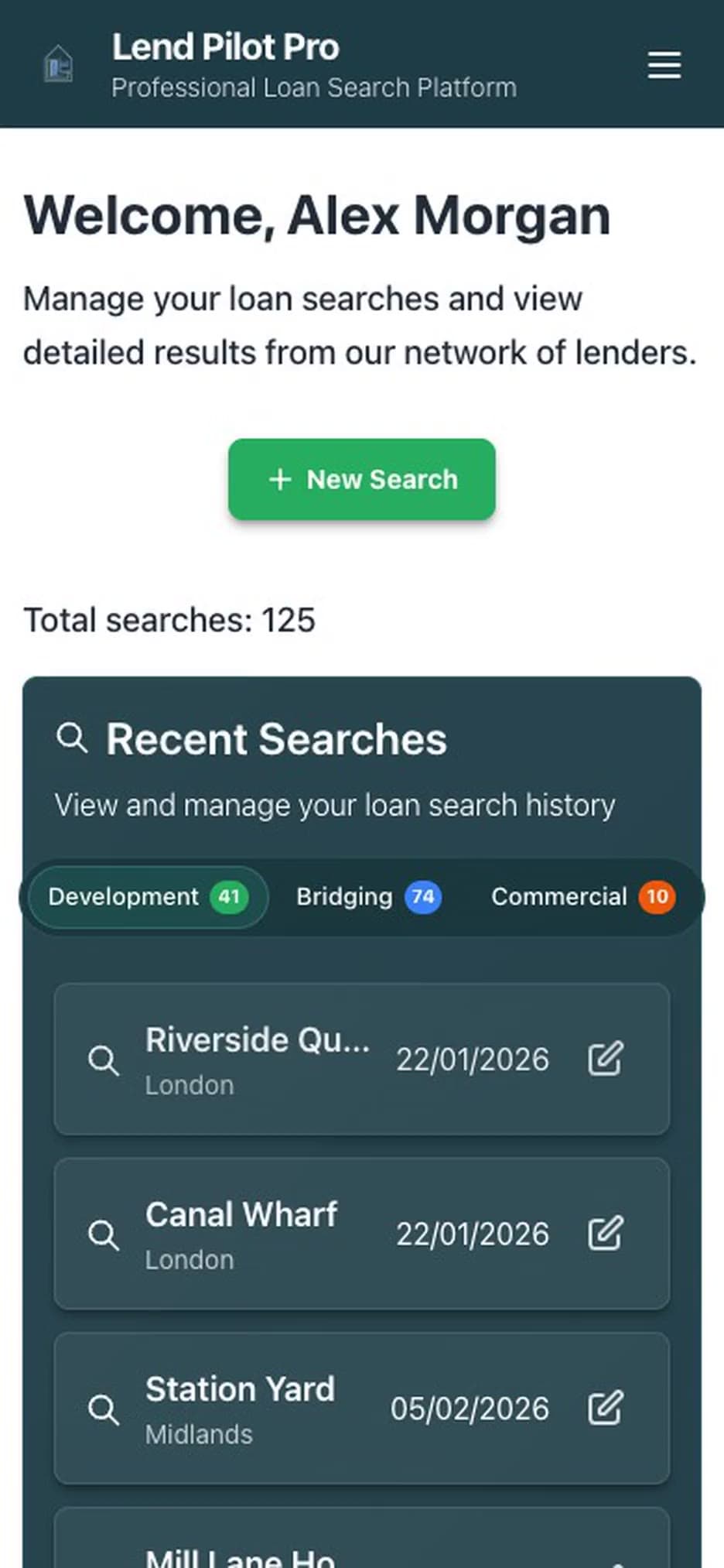 LendPilot Pro on a mobile phone: saved searches on the dashboard, then a saved search's results summary and lender cards.