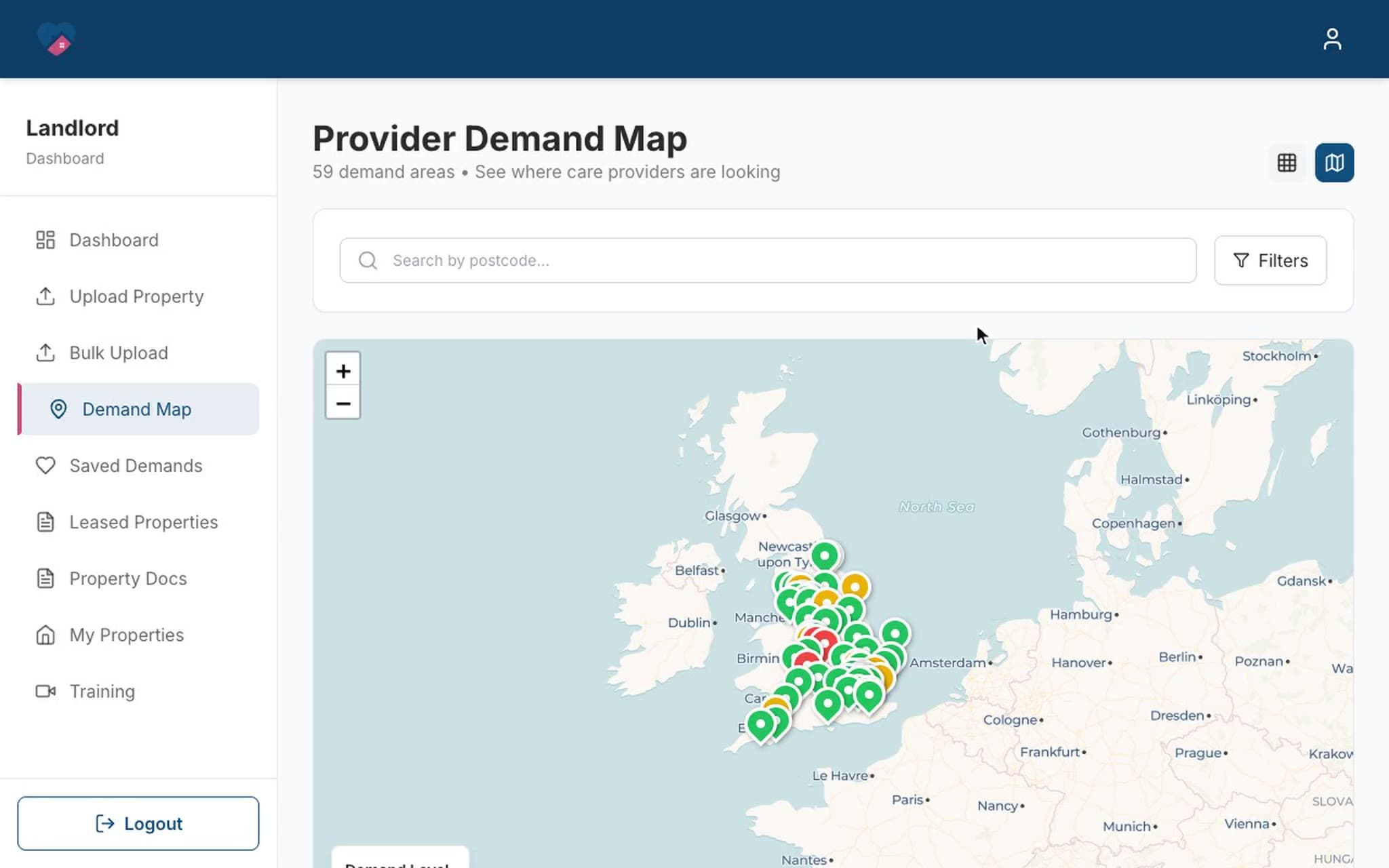 Care Property Hub landlord dashboard: a map of where care providers are looking, certificates tracked to their expiry date, the landlord's own portfolio and recent activity, and the training videos.