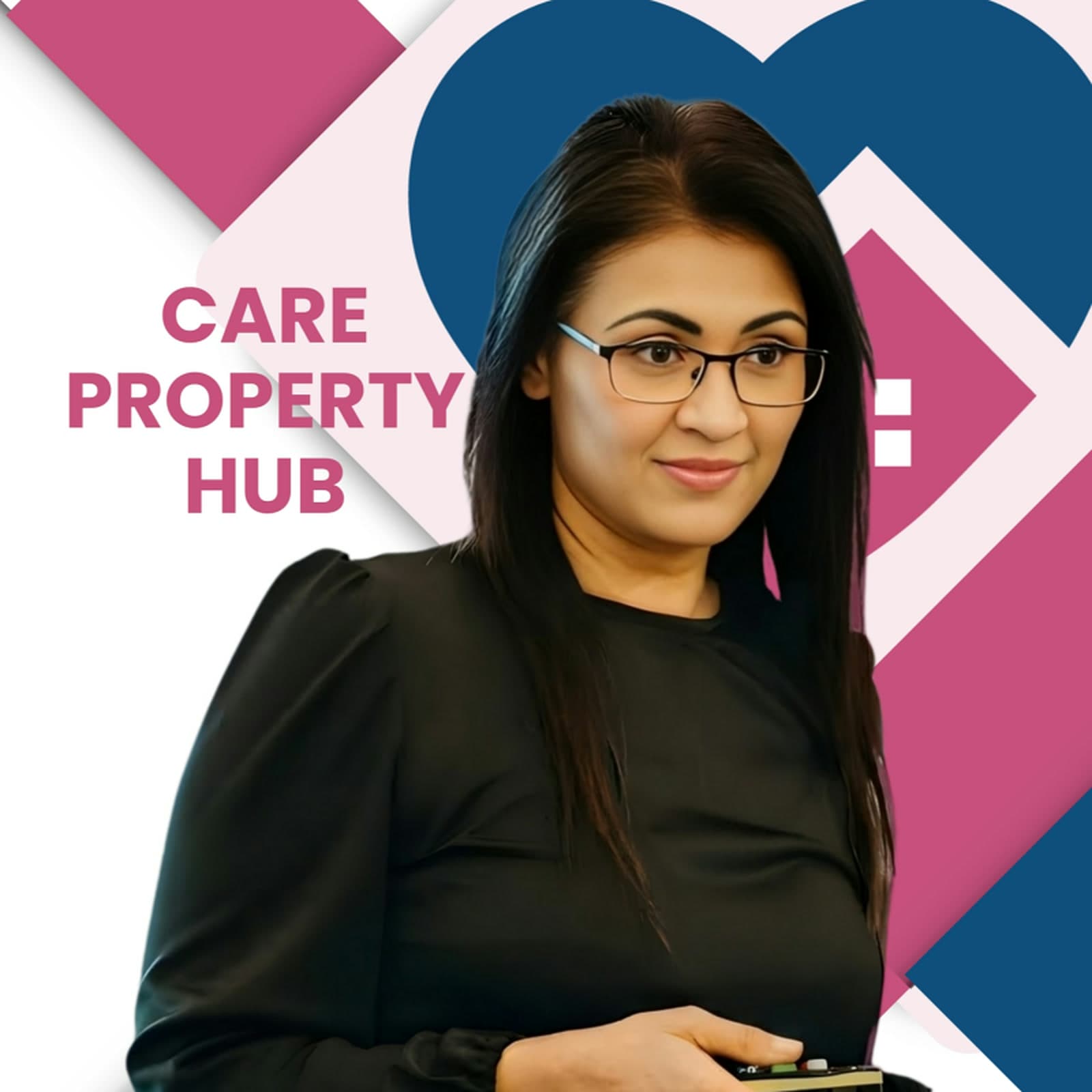 Portrait of Nisha Patel, founder of Care Property Hub, in front of the Care Property Hub brand graphic.