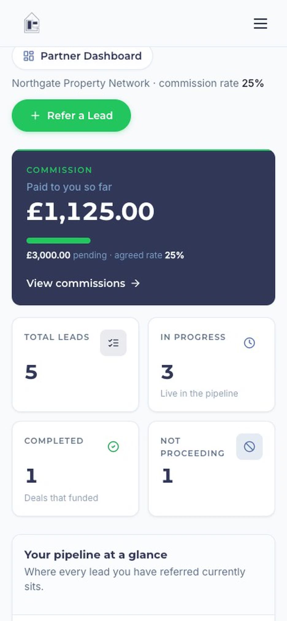 Edgehill partner dashboard on a mobile phone, scrolled from commission to recent leads, then My Leads from the menu, using demo data.
