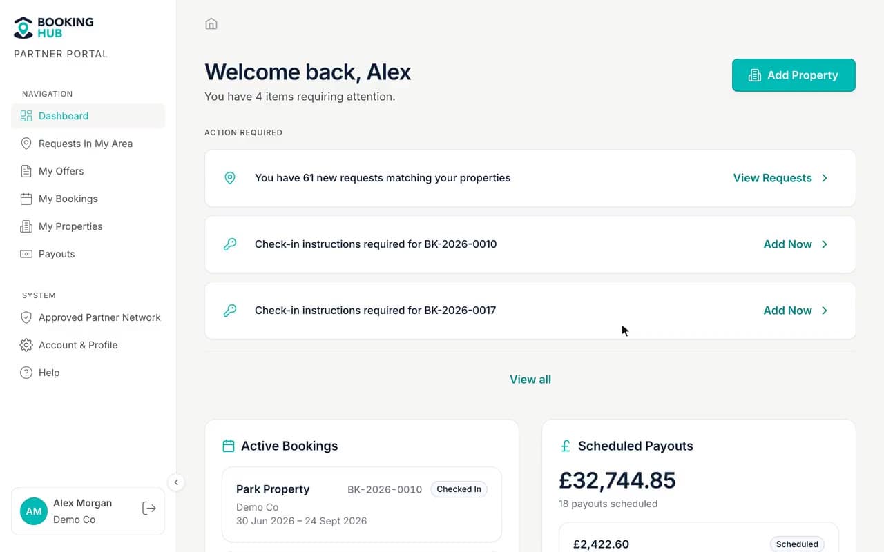 Booking Hub partner portal: dashboard, requests matched to the partner's properties, submitted offers and confirmed bookings.
