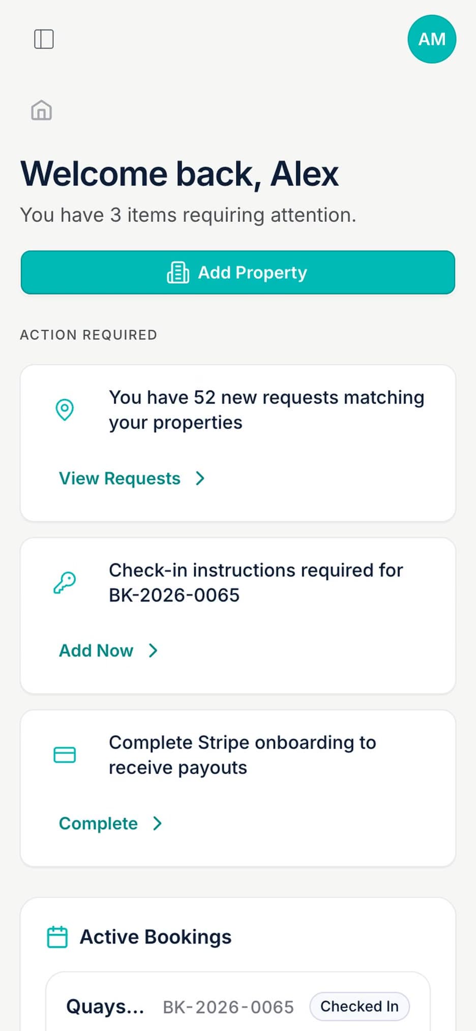 Booking Hub partner portal on a mobile phone: the dashboard scrolled from items needing attention to new requests nearby, then requests matched to the partner's properties and confirmed bookings from the menu, using demo data.
