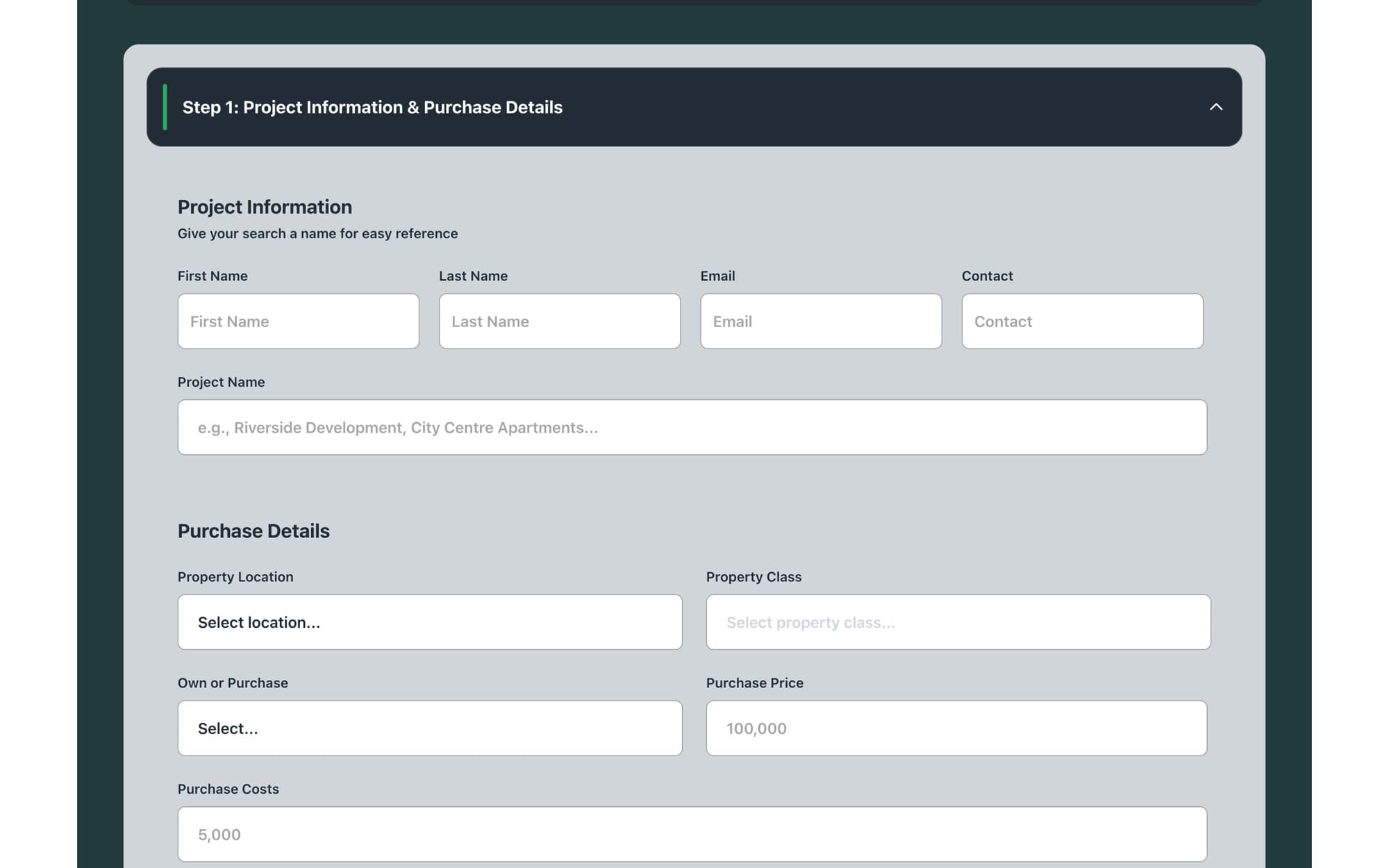 LendPilot Pro step-by-step development finance search form.