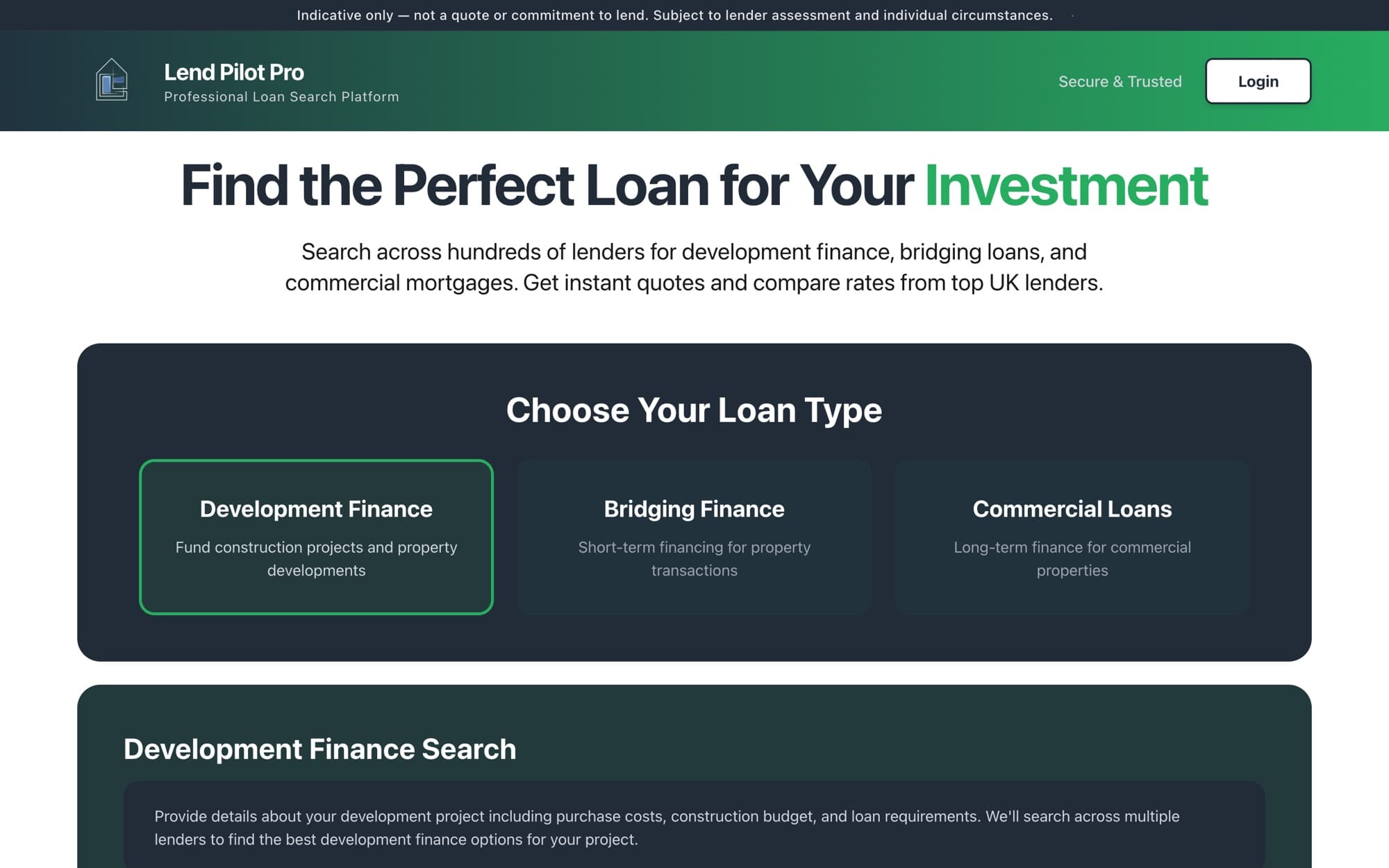 LendPilot Pro home page with development finance, bridging and commercial loan search options.