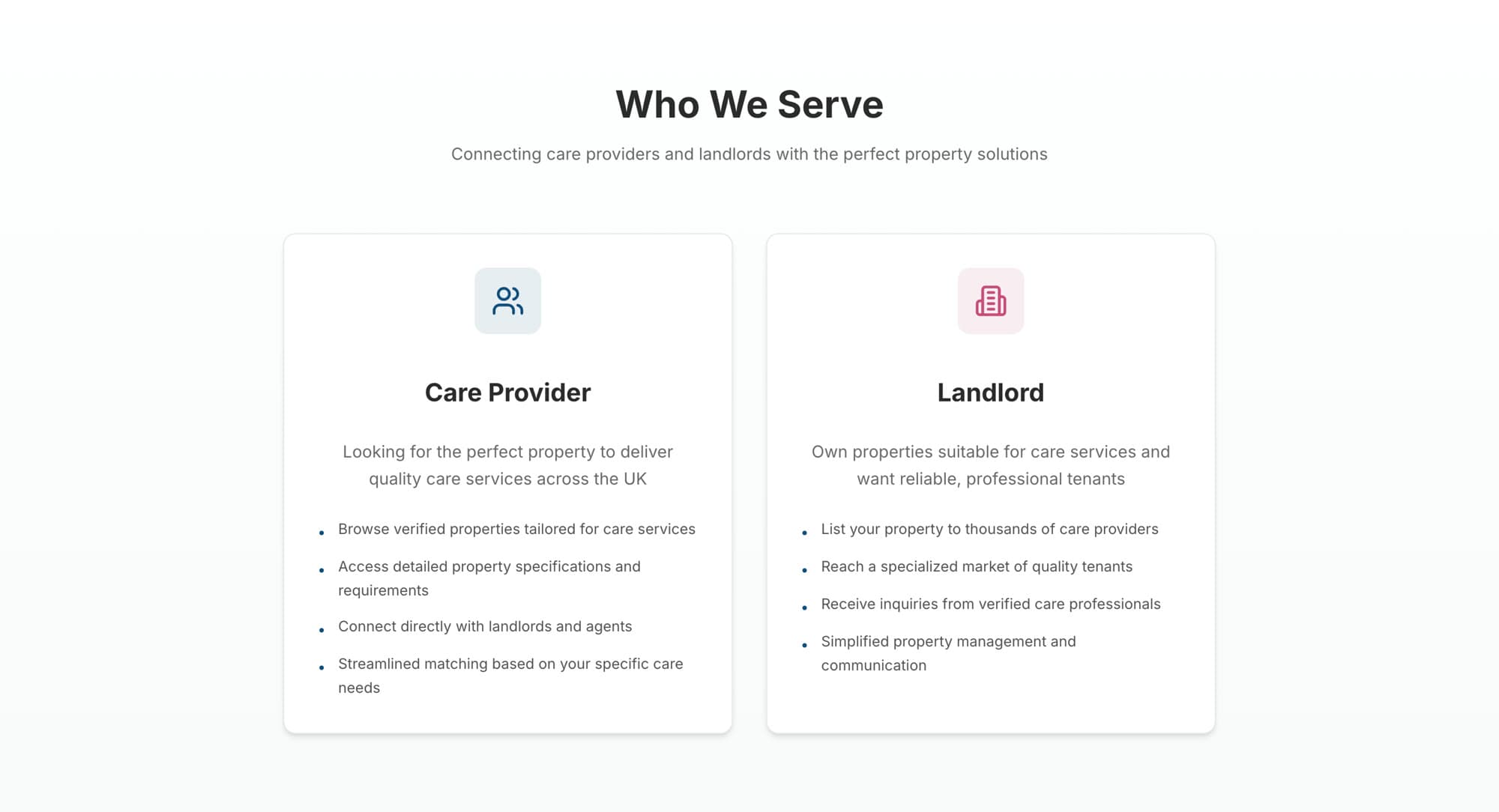 Care Property Hub page explaining what the platform offers care providers and landlords.